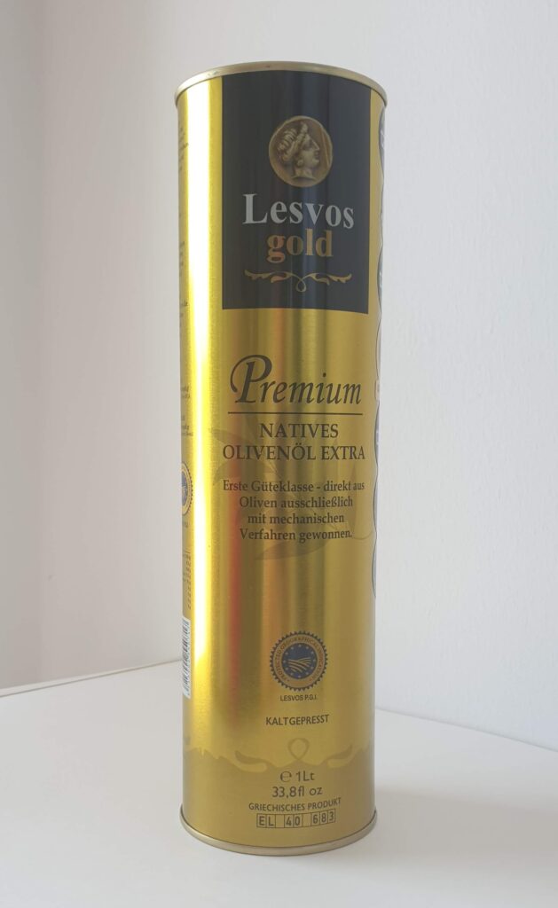 Lesvos Gold® premium extra virgin olive oil in a 1-liter can